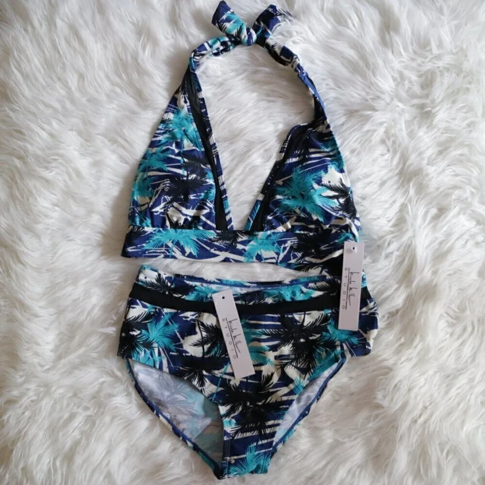 NWT Nicole Miller Bikini Set Size 8 (Medium) Black Blue Tropical Bathing Suit